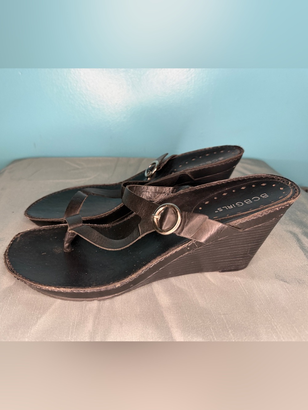 BCBGirls Black Wedge Thong Sandals with Buckle Accent